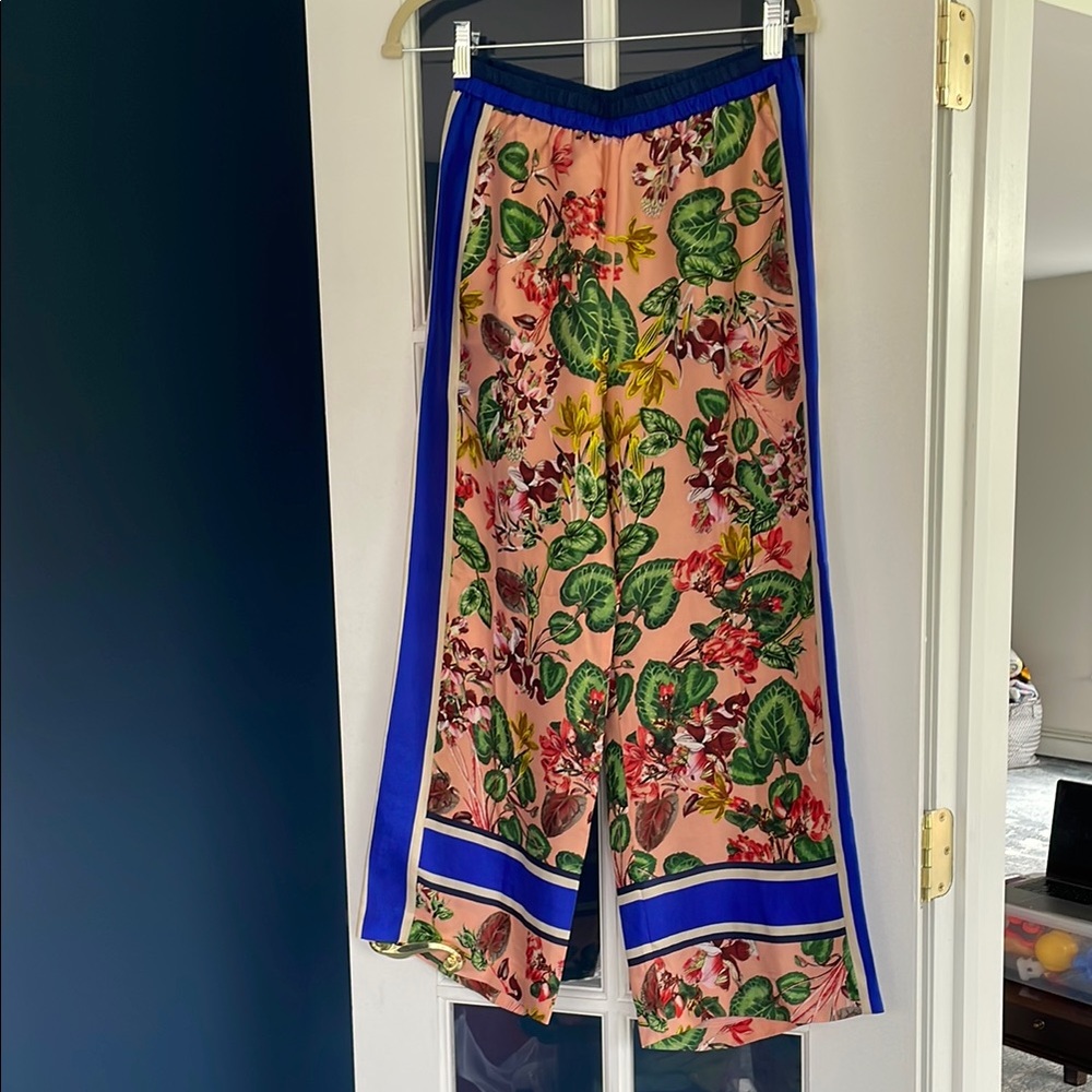 100% Silk Floral Wide-Leg Anthropologie Pants
